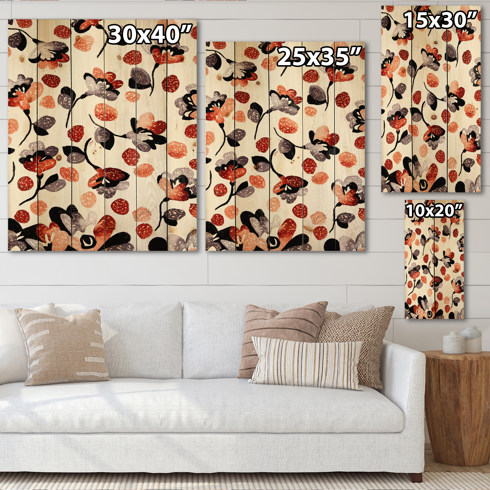 Designart 'Modern Flower In Red Blue and Orange' Bohemian & Eclectic Print on Natural Pine Wood
