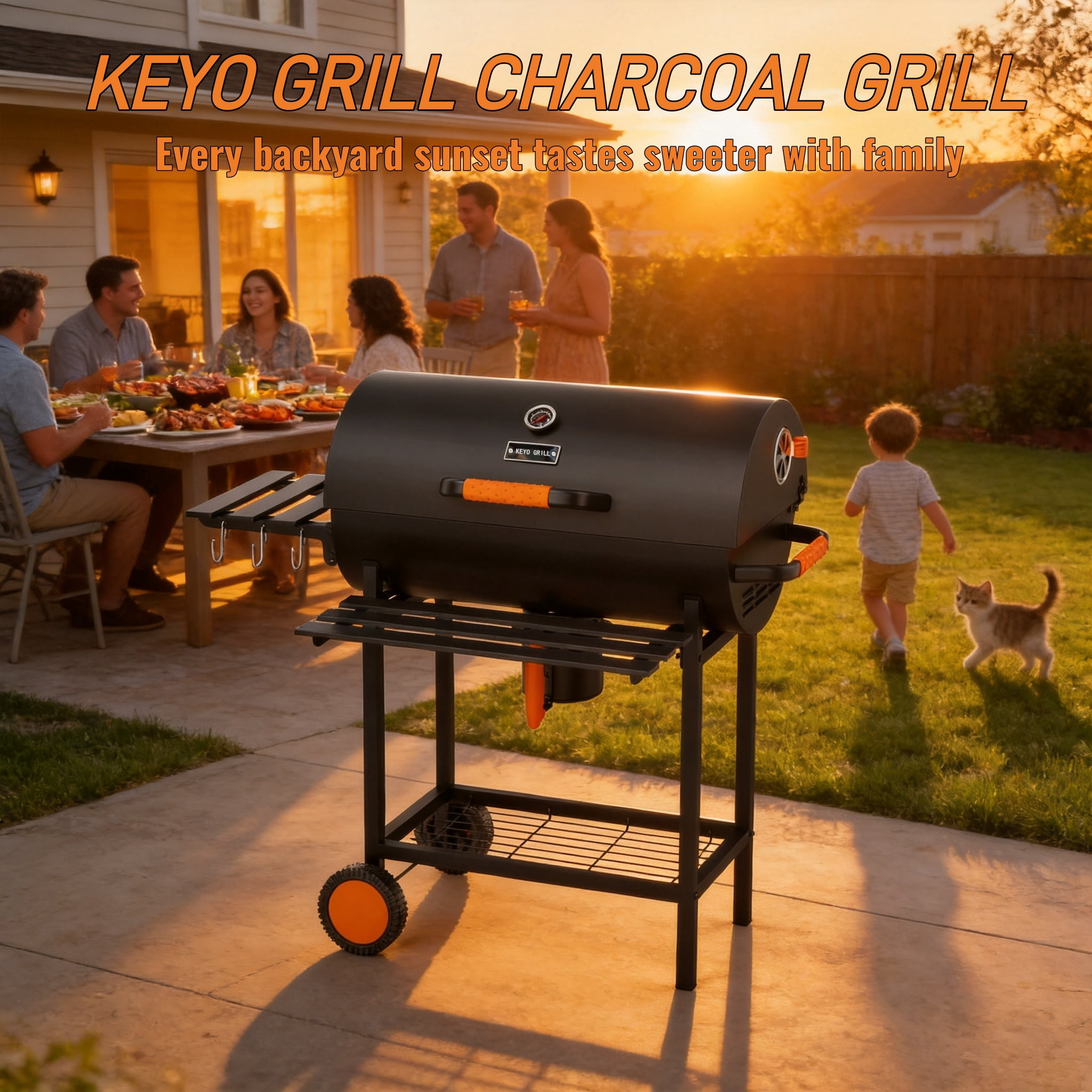KEYO GRILL 537 SQ in Charcoal Grill with Foldable Side Shelf,Removable Ash Pan for Backyard,Black