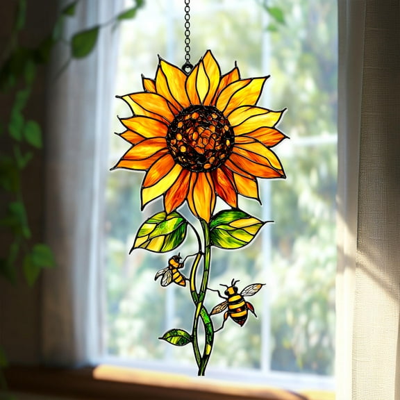 Bright Sunflower Faux Stained Glass Suncatcher â€“ Acrylic Hanging Window Decor with Bumblebees, Nature-Inspired Gift for Bee and Flower Lover