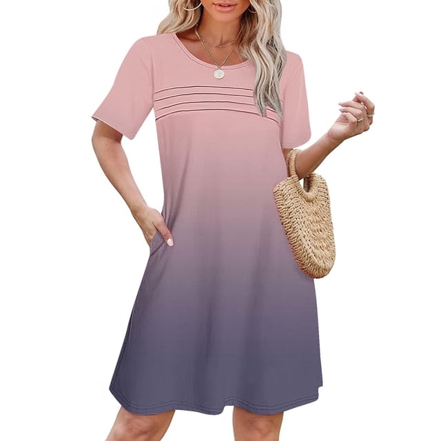 Liquidation d'Été 2025! Robe Grande Taille pour Femmes, Liquidation d'Été pour Femmes, Robe d'Été Dégradée à Manches Courtes, Col Rond, Plissée à l'Avant avec Poche