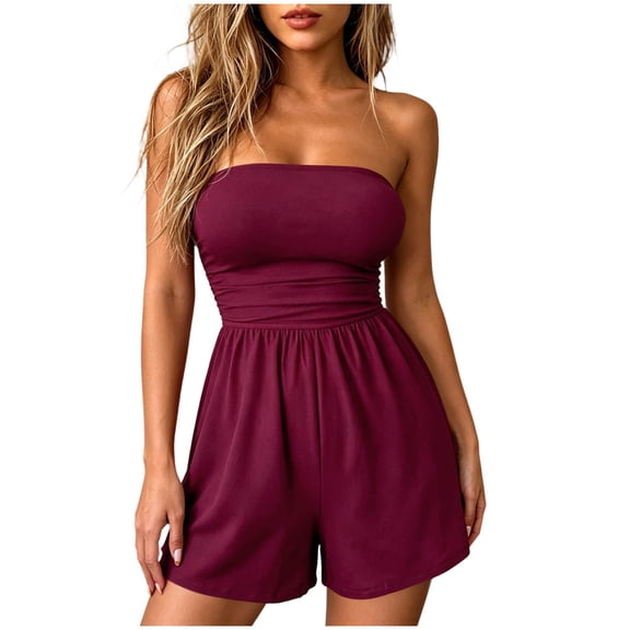 TEAJOPSUU Womens Trendy Strapless Rompers Sleeveless Off Shoulder Stretch Bandeau Waist Gathered Short Jumpsuits Casual Vacation Clothing Rompers Burgundy