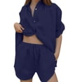 thumbnail image 2 of Short Sets for Women Loose Fit Cotton Linen Short Sleeve Button Down Collared Shirt and Wide Leg Shorts 2 Piece Matching Set, 2 of 6