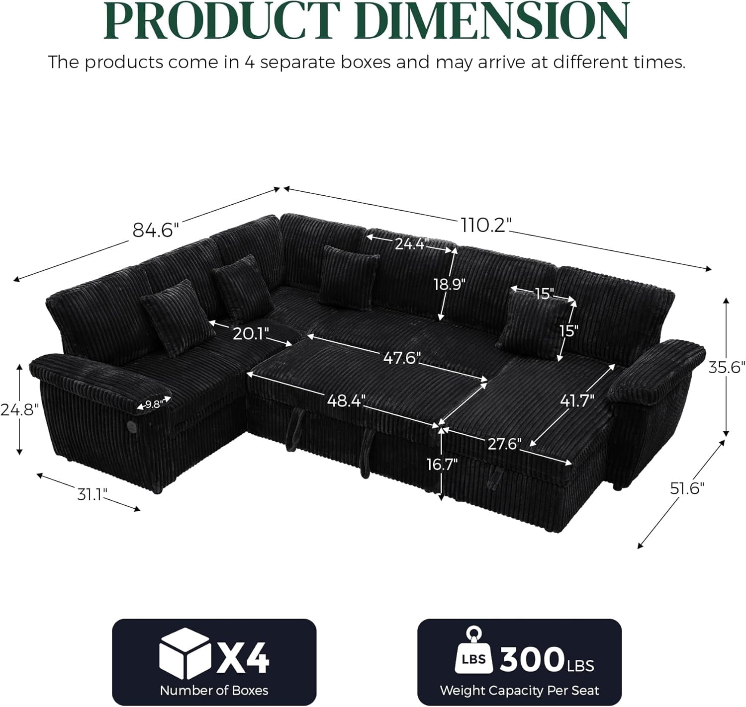 Howcool Modular Sectional Sleeper Sofa with Pull-Out Bed, U-Shaped Convertible 7-Seat Cloud Couch with Storage Chaise & USB Charging, Plush Corduroy Sectional for Living Room,Black