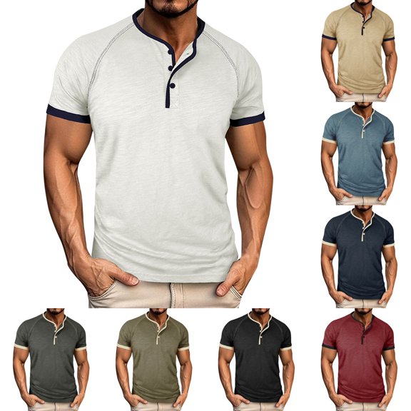Men’s Short Sleeve Round Neck T-Shirt Front Placket Contrast Color Cuffs Summer Top