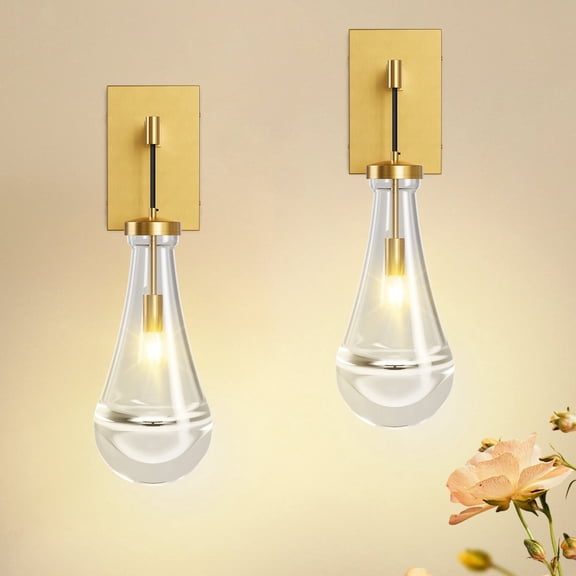 GCGAFUL Raindrop Wall Sconces Set of 2, Modern Gold Vanity Lights with Thick Clear Glass, Dimmable Wall Lighting for Bathroom, Bedroom, Hallway