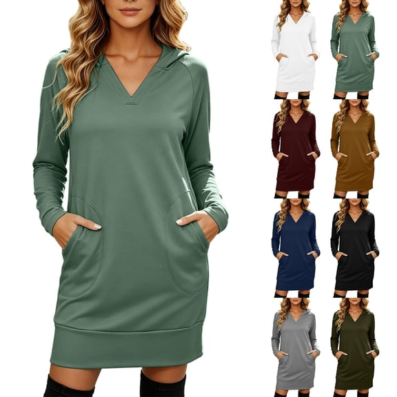 Ovafbau Women Fall Long Sleeve Hooded Midi Dress Women's Solid V Neck Hoodie Long Sleeve Mini Dress with Side Pockets Fall Dresses
