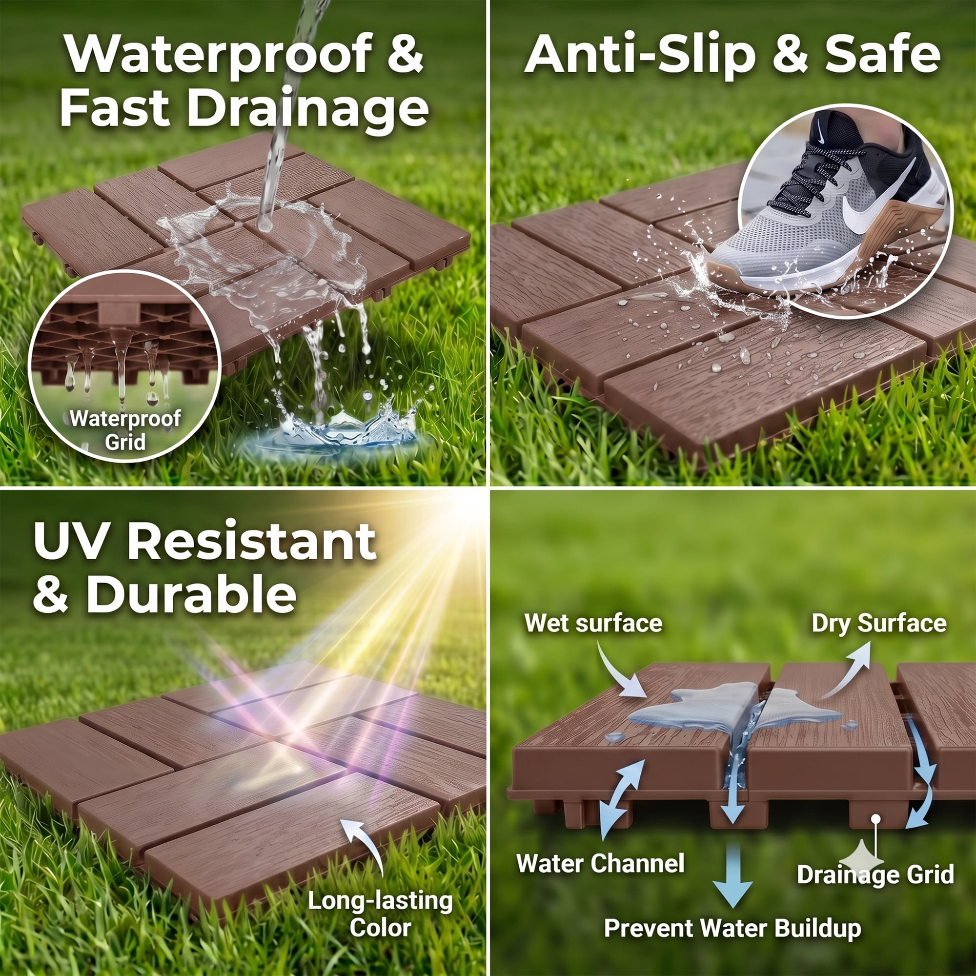 Interlocking Deck Tiles 12x12 in, Waterproof Non-Slip Outdoor Patio Flooring with Drainage Design, Snap Together Tiles for Poolside Porch Garden Backyard, Brown, 44pcs