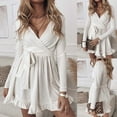 thumbnail image 2 of JGTDBPO Casual Dresses For Women 2023 Trendy Long Sleeve Short A-Line Flare Dress Tie Waist Ruffle Elegant Cocktail Party Mini Dresses Swing Mini Skater Dresses With Belt, 2 of 8