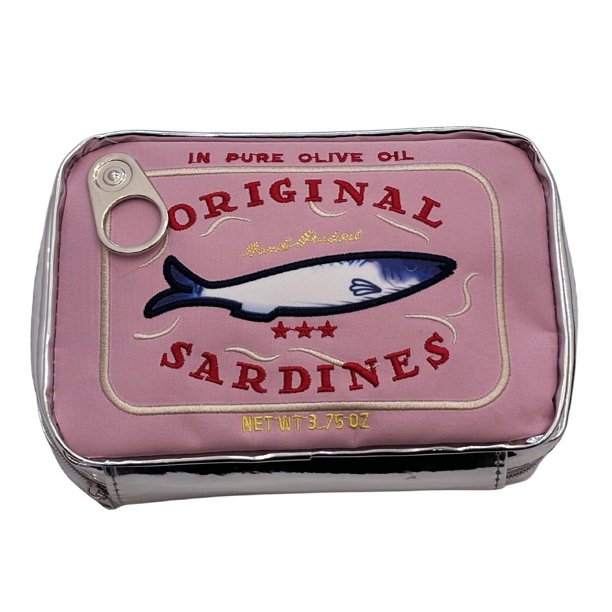 Bolsa de maquillaje con diseño de sardinas enlatadas, cierre de cremallera, exquisitos patrones de bordado, neceser portátil de viaje, organizador de cosméticos.