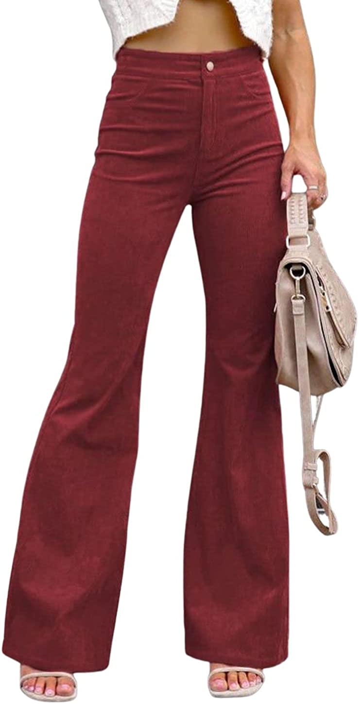 PIKADINGNIS Women Bell Bottom Corduroy Pants Flare Pants High Waisted
