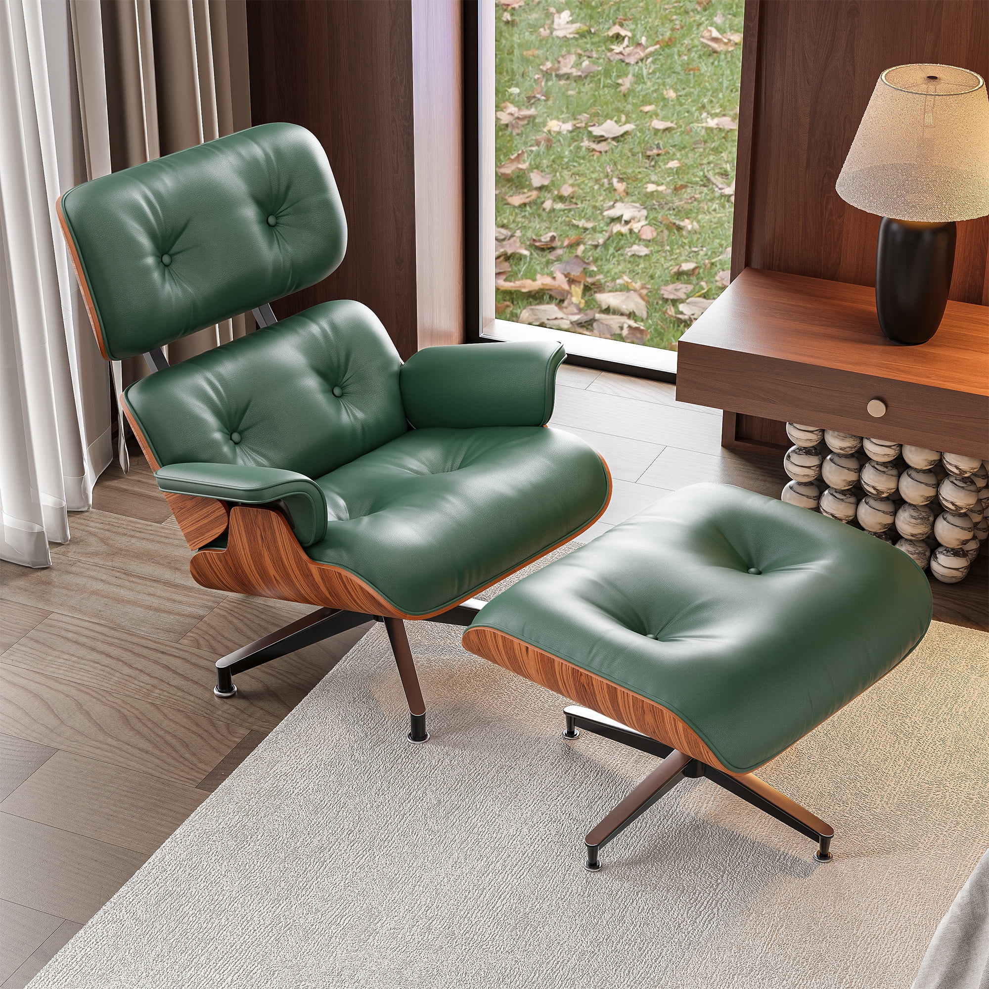 Armchair Genuine Leather Mid Century Chair and Ottoman Modern Lounge Chair w/Sturdy Metal Legs