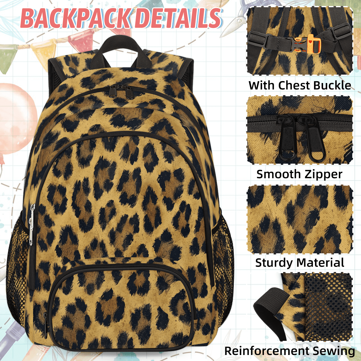Herdesigns Leopard Backpack with Lunch Box Cheetah Print Lightweight Large Travel Work Laptop Backpacks Set Casual Daypacks