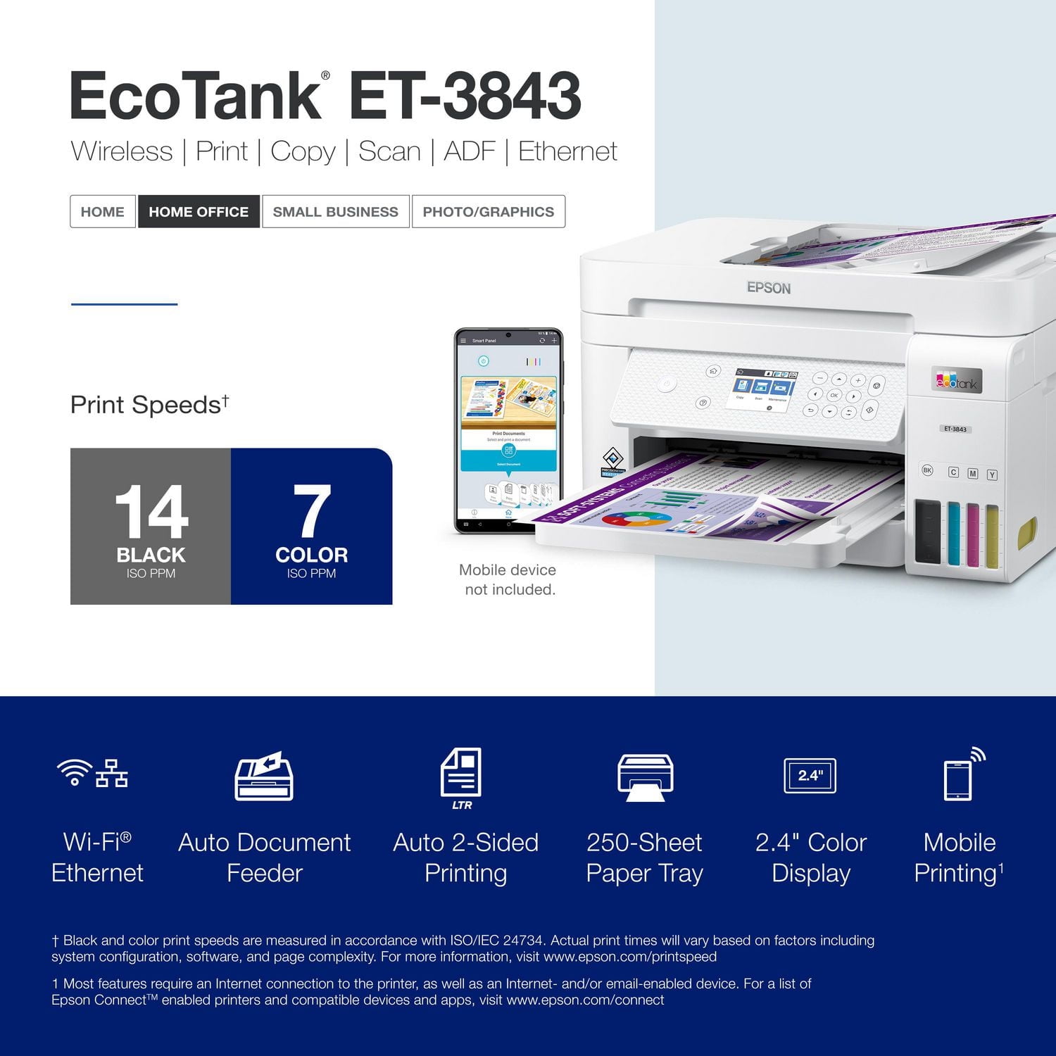 Imprimante couleur tout-en-un sans fil et sans cartouche Epson EcoTank ET-3843 à réservoirs d’encre géants