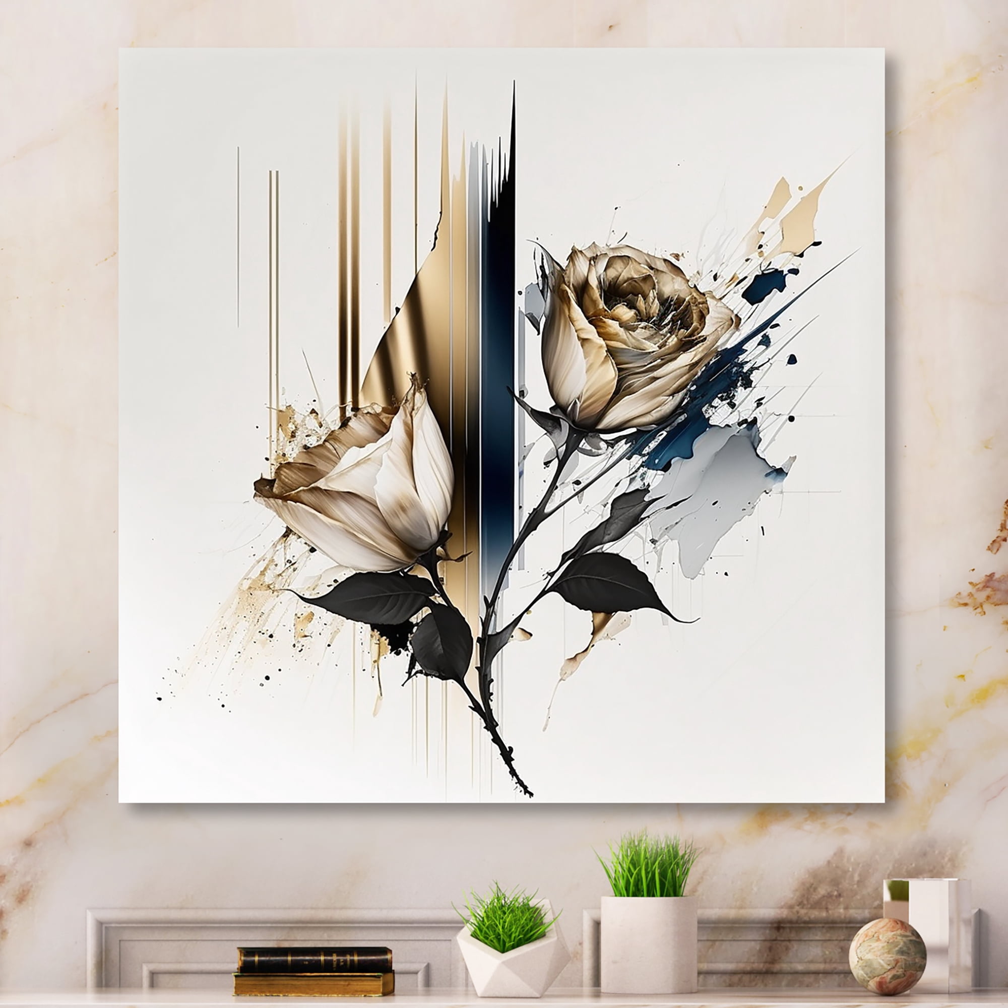 Designart Roses Flow Flower On Golden Beige Paint III Canvas Wall Art