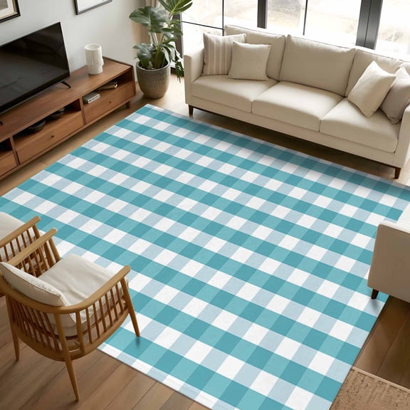 6x9 Area Rugs, Teal Checkered Non-Skid Rubber Backing Large Rectangle Rugs - Living Room Bedroom Home Office, Farmhouse Aqua White Buffalo Plaid Indoor Floor Mat Carpets Washable Rug