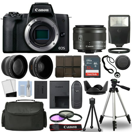 Canon EOS M50 Mark II Camera Black + 3 Lens Kit 15-45mm STM+ 32GB + Flash & More