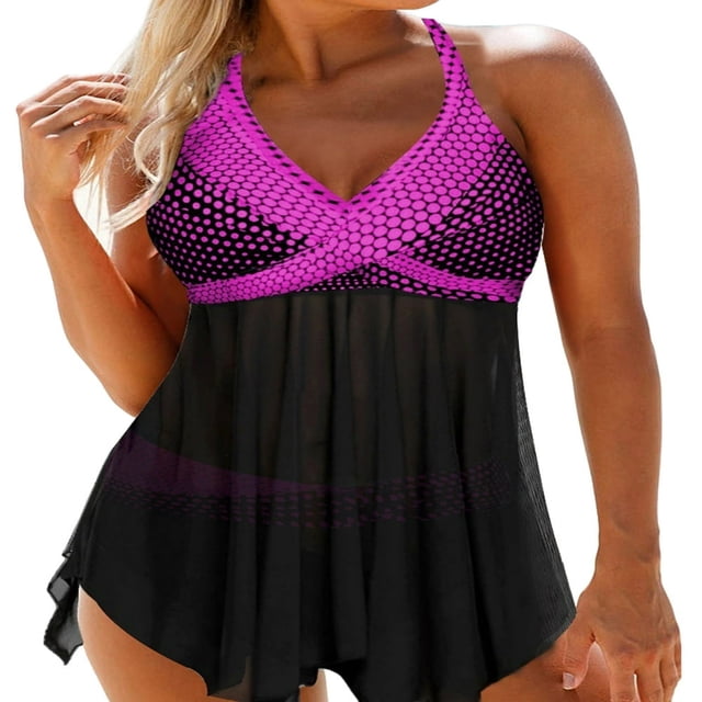 QJUHUNG Women Two Piece Swimsuit Tummy Control Bathing Suits Tankini Top with Sporty Shorts Plus size