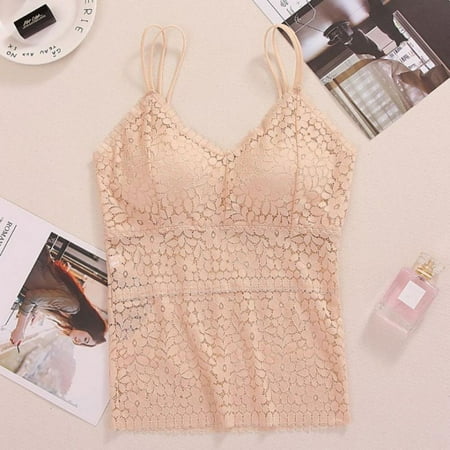 

Solid Lace Bra With Chest Pad Base Wire Free Bra Can Be Worn Outside Floral Openwork Non-adjusted Straps Vest One Size Bra