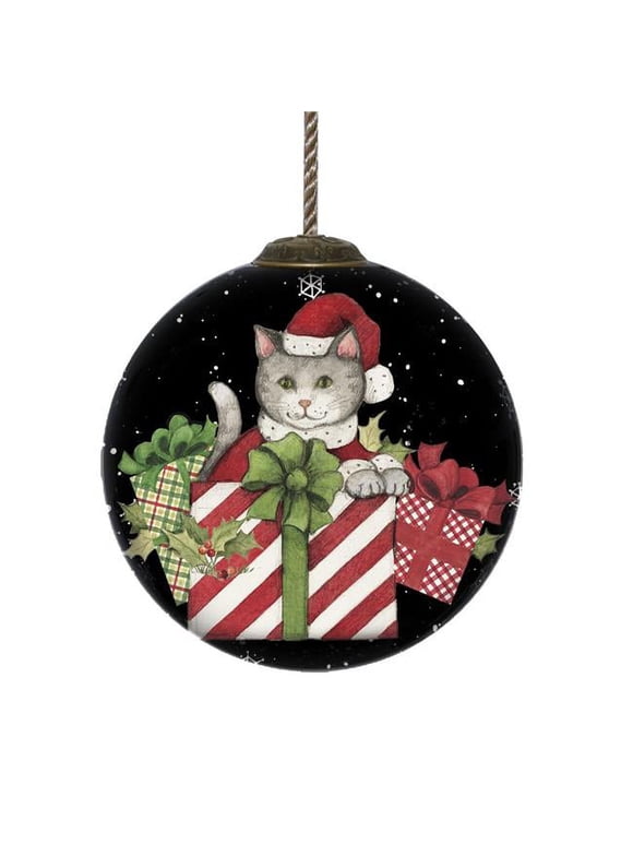 HomeRoots 477533 Christmas Cat with Presents Hand Painted Mouth Blown Glass Ornament, Multi Color