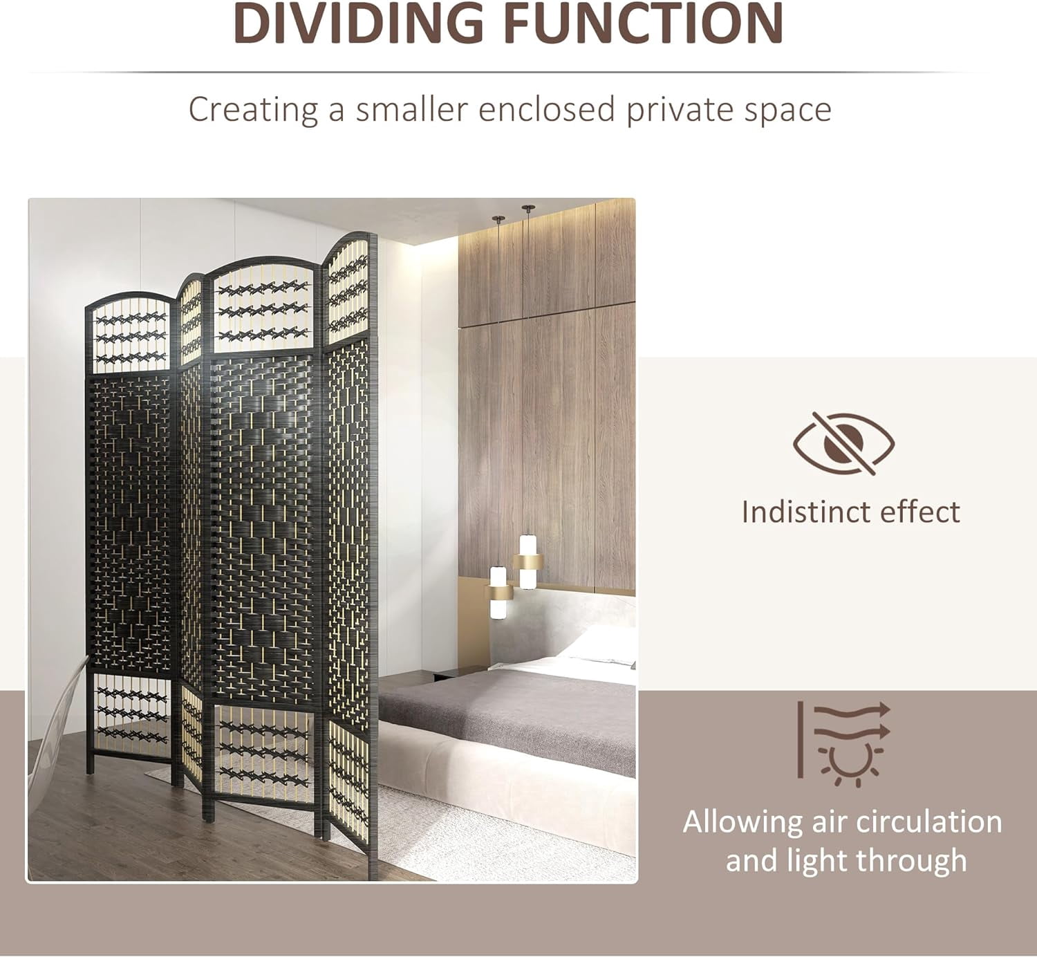 MONGJI 4 Panel Room Divider, Folding Privacy Screen, 5.6' Room Separator, Wave Fiber Freestanding Partition Wall Divider, Black