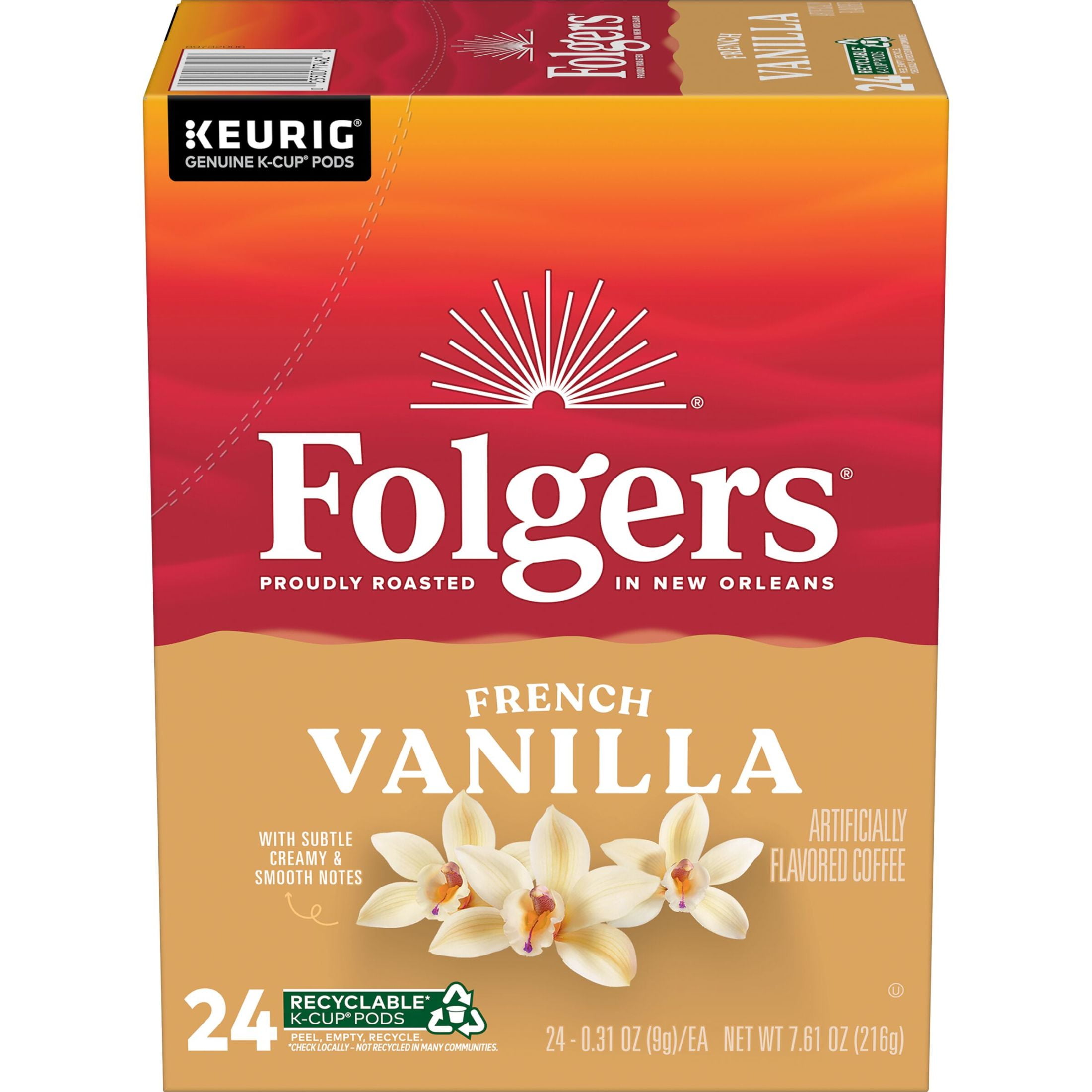 (4 pack) (4 pack) Folgers French Vanilla Artificially Flavored Coffee, Mild Roast, Keurig K Cup Pods, 24 Count Box