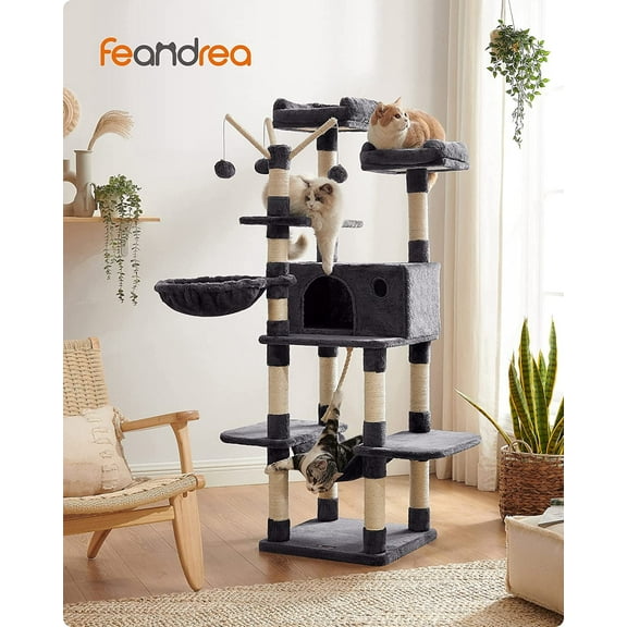 64.6" Cat Tree Large Cat Tower Cat Activity Center with Hammock Cat Condo Smoky Gray