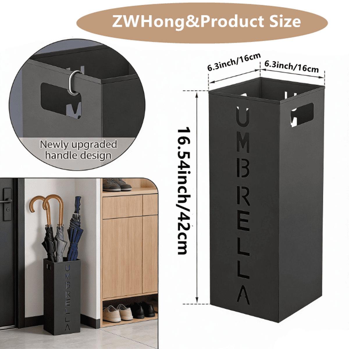 ZWHong 1 pack Metal Umbrella Holder for Entryway, Square Umbrella Stand with Decorative Monogram, Waterproof Free Standing Organizer for Wet Umbrellas, Walking Sticks, Canes, Black