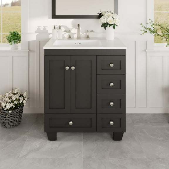 Eviva Acclaim C. 28" Transitional Espresso Bathroom Vanity with White Carrara Quartz Countertop