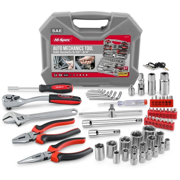 Hi-Spec Tools 67pc SAE Auto Mechanics Hand Tool Kit Set. Complete Car, Motorcycle, Engine & Garage Repairs with Sockets, Ratchet Wrench, Pliers