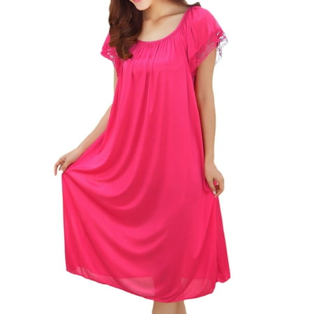 Rigardu Hot Sale!! Women s Nightgowns Satin Sleepwear Soft Loose Sleep Shirt Short Sleeve Nightshirtwomen Summer Lace Ice Silk Short Sleeve Loose Plus Oversize Nightgown Dress Hot Pink One Size