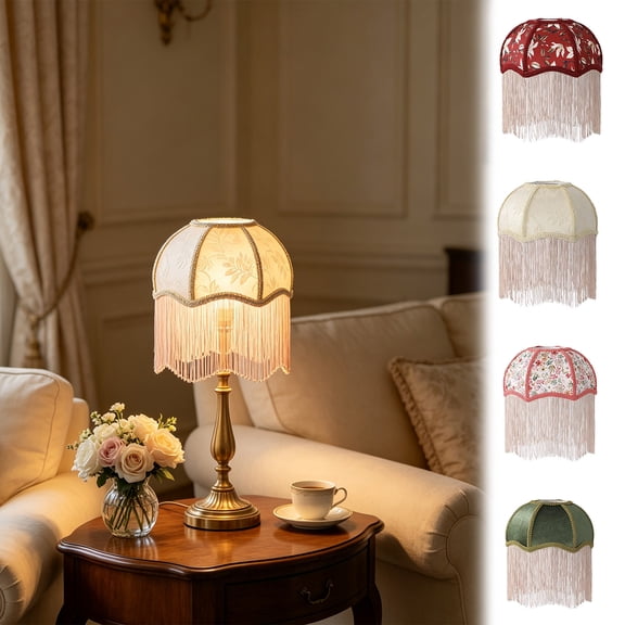 French Style Umbrella Shaped Tassel Fabric Lampshade for Bedroom, Desk Lamp and Restaurant, Pink, 7.87x4.72 Inches
