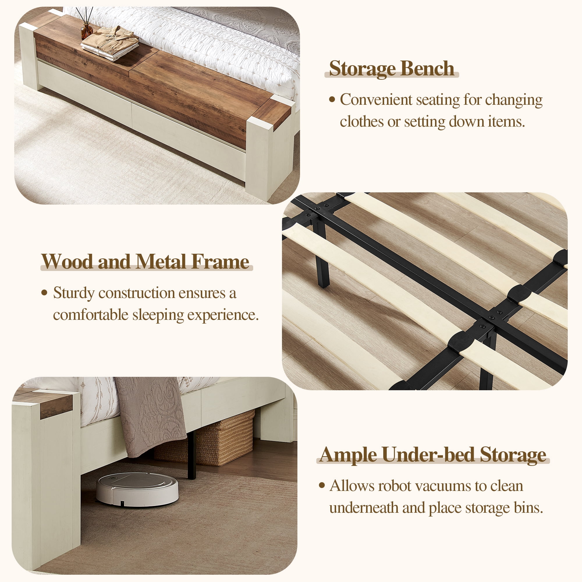 KeyWhat Modern King Size Storage Bed Frame with Panel Headboard, Footboard Storage Bench, Built-In Drawers, Lift-Up Compartments, No Box Spring Needed, Antique White