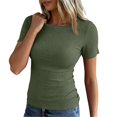 thumbnail image 6 of Fshiont Dressy Knit Womens Short Sleeve Stretch Crewneck Ribbed T-Shirt Fitted Casual Basic Tops Army Green M, 6 of 6