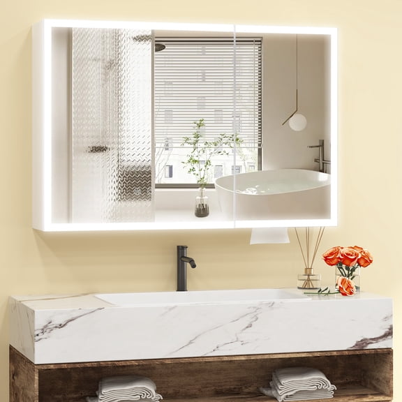 Yamissi LED Medicine Cabinet with Mirror, 31.5" x 23.6" Aluminum Bathroom Storage Cabinet, Anti-Fog, Double Door, Fully Assembled