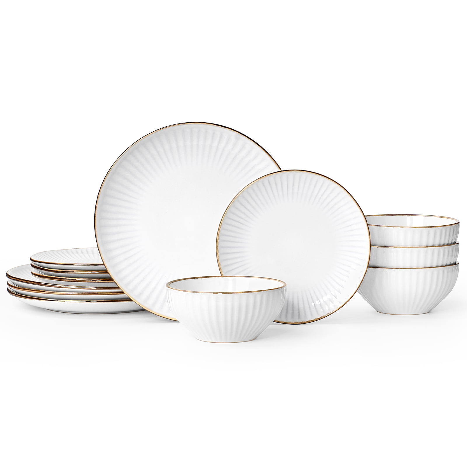 Famiware Eden Stoneware Dinnerware Sets, 12-Piece Dish Set, White Stripe