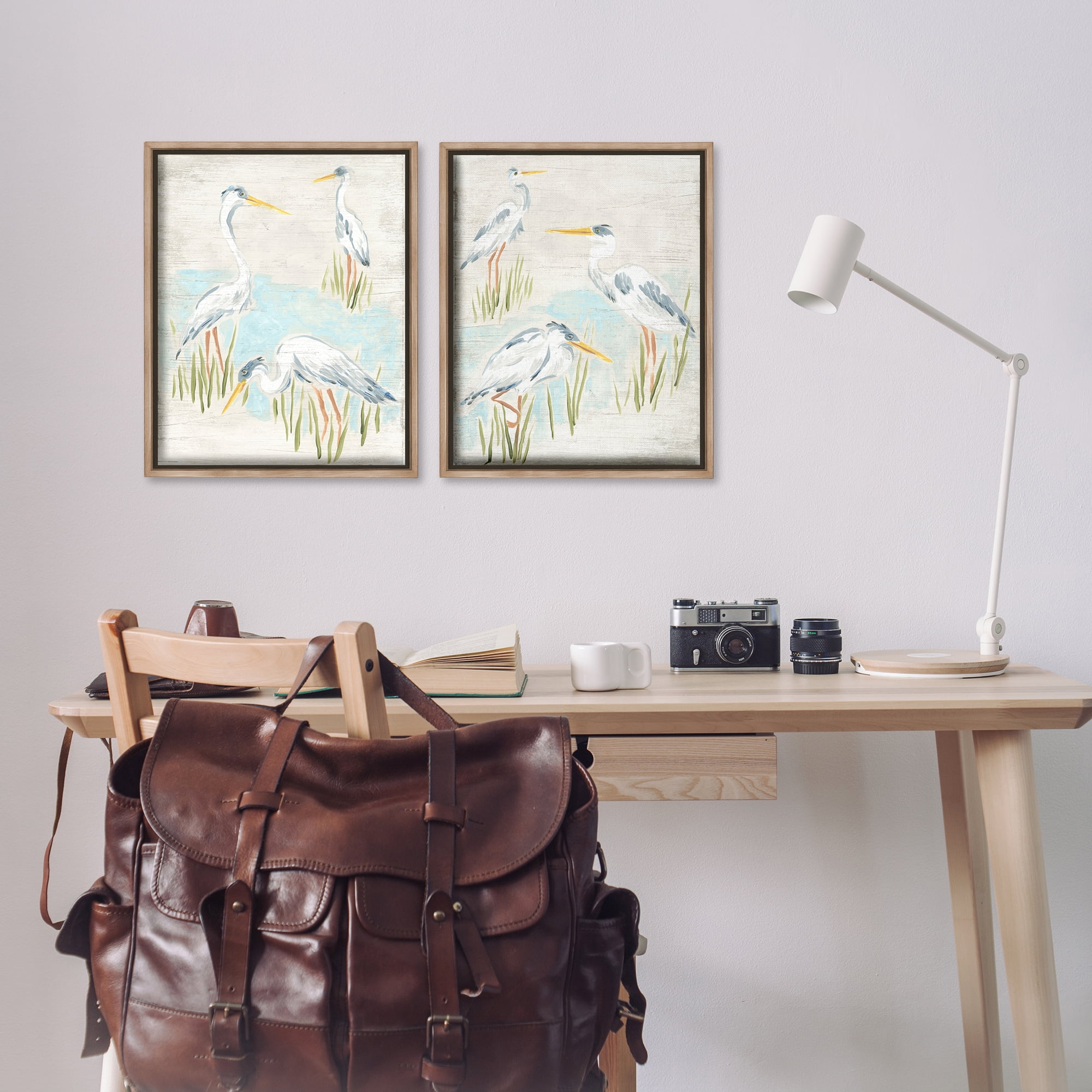 Stupell Industries Cranes in Marsh Pond Animals Painting Brown Floater Framed Canvas Art Print Wall Art, 17 x 21, Set of 2