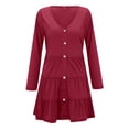 thumbnail image 3 of Vestido de mujer Vestido de manga larga con cuello en V Mezcla de algodón Ropa informal Botón Ropa plisada, Rojo vino, L seitruly AP003993-21, 3 of 5
