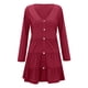thumbnail image 3 of Vestido de mujer Vestido de manga larga con cuello en V Mezcla de algodón Ropa casual Botón Ropa plisada, Rojo vino, XL sidaley AP003993-22, 3 of 5