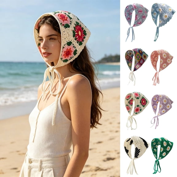 Helii Crochet Triangle Head Scarf for Women – Handmade Knitted Boho Bandana Hair Wrap, Floral Embroidery Hollow Out Hair Scarf, Adjustable Tie Back Kerchief Blackish Green,One Size