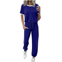 LYXSSBYX 2 Piece Outfit for Women Fall Women's Fashion Casual Solid Color Round Neck Short Sleeved Long Pants Two-piece Set