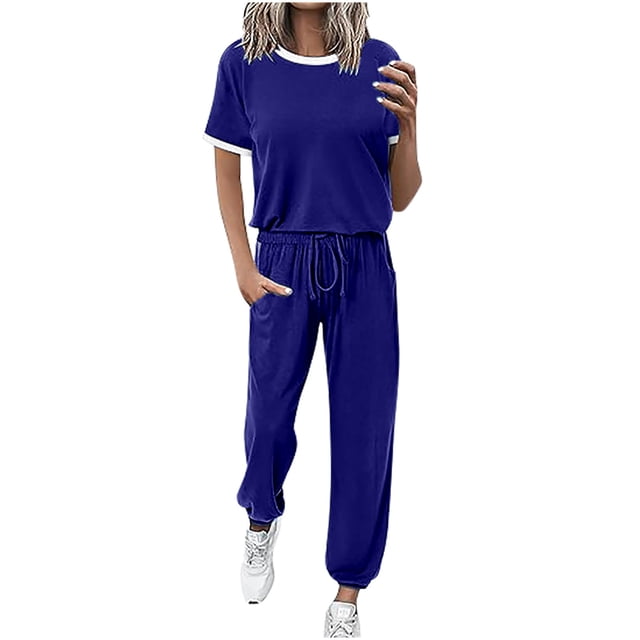 Yuyuzo Womens Workout Sets 2 Piece Sweatsuits Short Sleeve T Shirts Drawstring Running Pants with Pockets