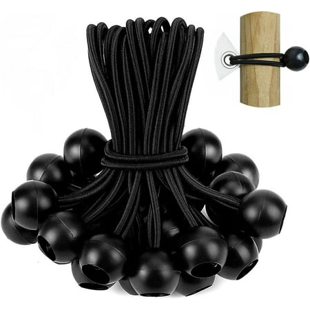 Ball Bungee Cords 6 Inch 25 Pack High Strength Latex Bungee Cords Heavy Duty Outdoor Tarp Straps for Fixing Tarps Tents Boat Canopy Canvas Awning Camping Tent Poles (Black)
