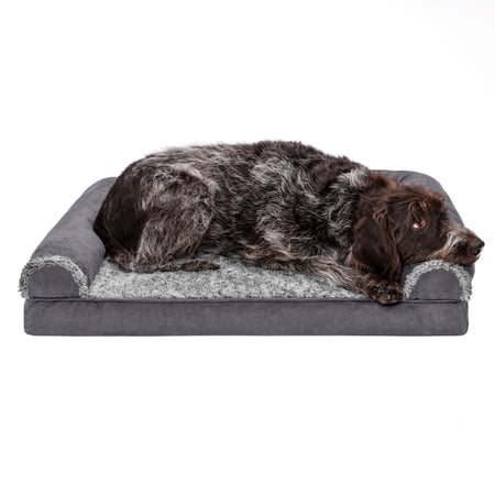 FurHaven Two-Tone Faux Fur & Suede Full Support Orthopedic Sofa Pet Bed for Dogs & Cats - Large Stone Gray