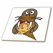 3dRose Funny Cute Walrus with Vanilla Ice Cream Cone - Ceramic Tile, 4-inch