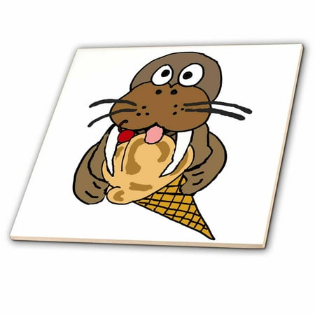 3dRose, Funny Cute Walrus with Vanilla Ice Cream Cone, 4 Inch Ceramic Tile