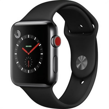 Restored Watch Series 3 42mm Apple Space Black Stainless Steel Case Black Sport Band GPS + Cellular MQK92LL/A Non-OEM M/L Band (Refurbished)