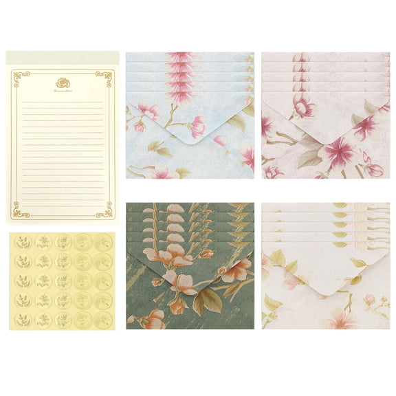 Sekonow Stationary Letter and Envelopes Set, 20 Embossed Flower Envelopes   40 Lined Letter Writing Paper   25 Gold Stickers, Vintage Stationery Kit, 4 Styles