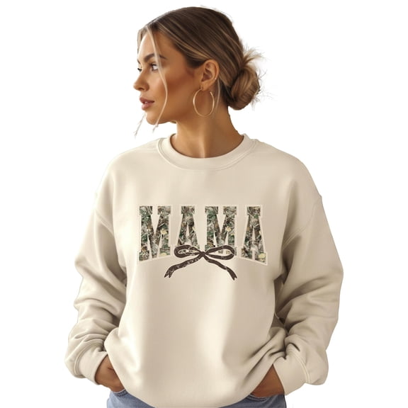 Trendy Camo Mama Sweatshirt - Distressed Camouflage Sweater for Mom - Coquette Bow Pullover Sand Sweatshirt Adult X-Large
