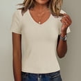 thumbnail image 5 of Womens Shirts V Neck Ribbed Short Sleeve Slim Basic Spring Summer Tshirts Shirts for Women Beige L, 5 of 7