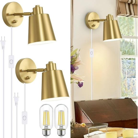 Dimmable Wall Sconces Plug in, Adjustable Angle Wall Lamps with Plug in Cord and Dimmer On/Off Knob Switch, Gold Wall Light with Metal Shade for Bedroom Bedside Doorway (2 Bulbs Included)